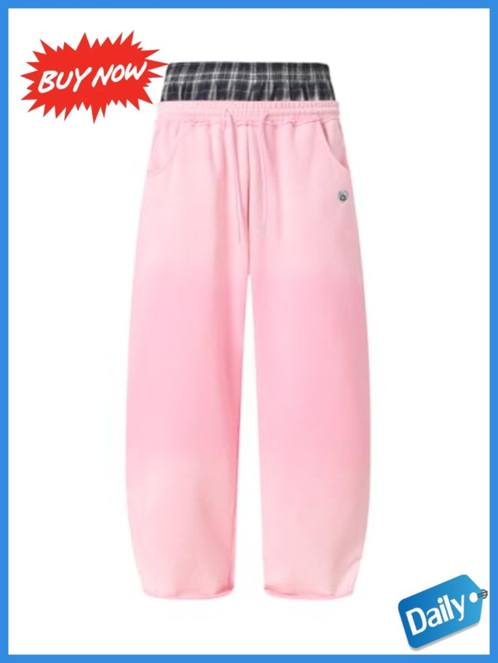 Washed Cotton Double Waist Baggy Sweatpants Plaid Patchwork Wide Leg
